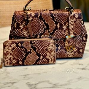 Michael Kors Ava Python Snake Leather Mk Bag + Matching Wallet Dark Khaki